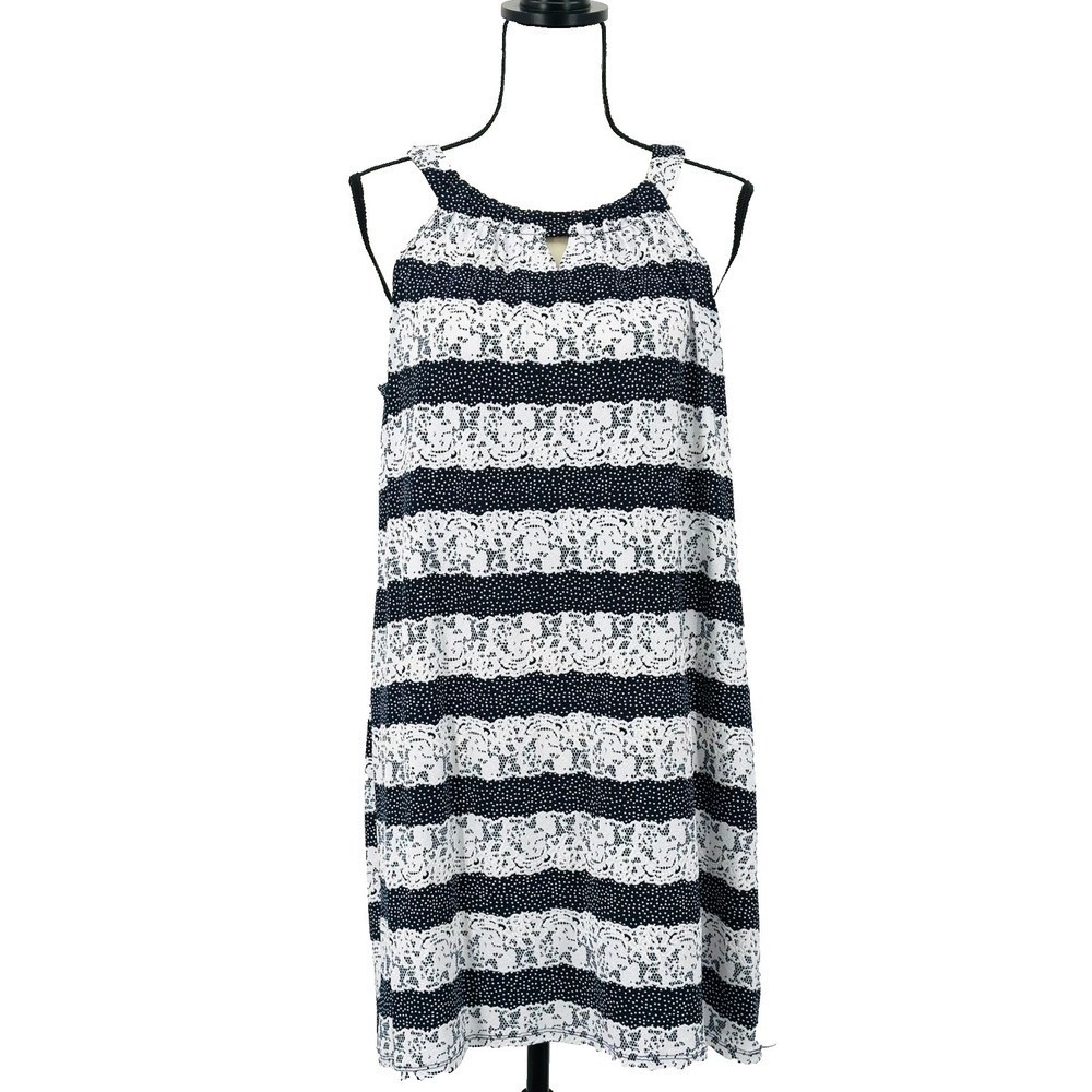 PERCEPTIONS Sleeveless Halter Lace Dress Navy Blue & White Stripe Women's Large